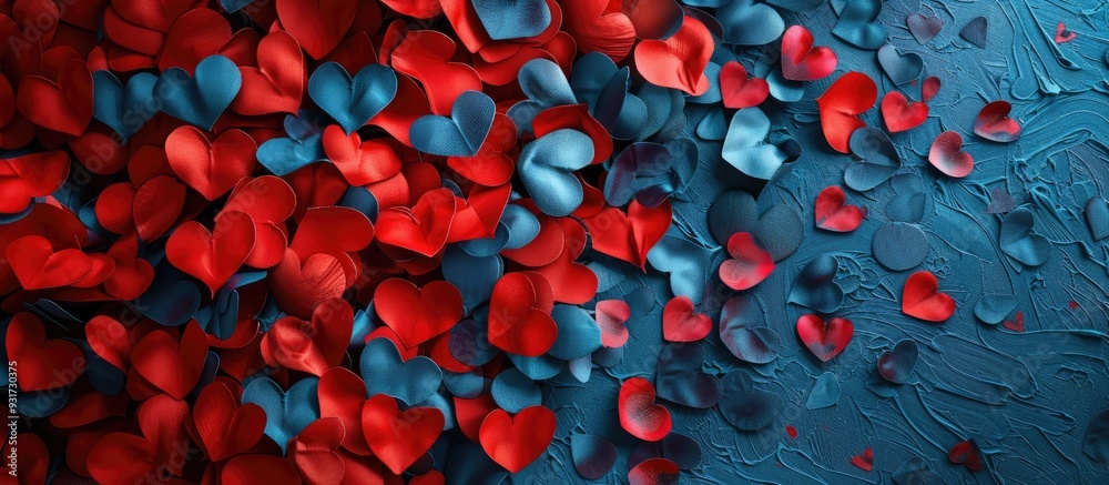 Poster valentine s day backdrop featuring red hearts on a blue background flat lay top view. with copy spac