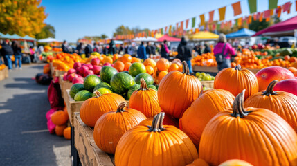 A large number of pumpkins and other fruits are on display, AI