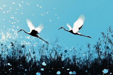 Japanese Crane birds flying in the style of large-scale minimalistic silhouette with white Nymphaea on a blue sky background. AI generated illustration.