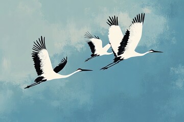 Japanese Crane birds flying in the style of large-scale minimalistic silhouette with white Nymphaea on a blue sky background. AI generated illustration.
