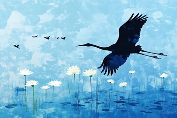 Japanese Crane birds flying in the style of large-scale minimalistic silhouette with white Nymphaea on a blue sky background. AI generated illustration.