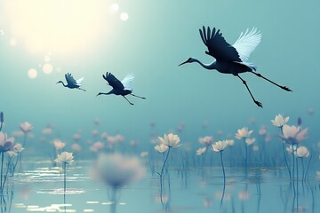 Japanese Crane birds flying in the style of large-scale minimalistic silhouette with white Nymphaea on a blue sky background. AI generated illustration.