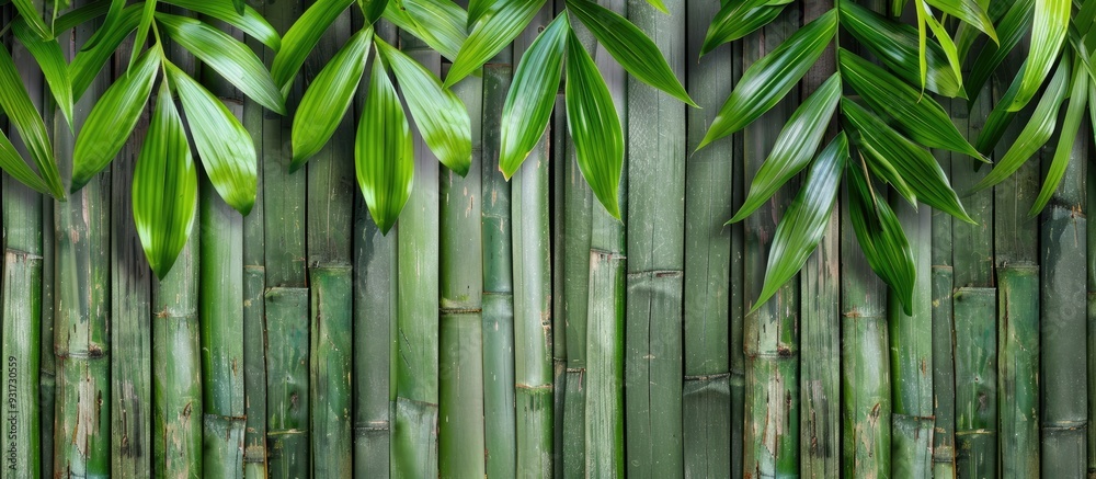 Poster floral white bamboo design on green wooden slats. with copy space image. place for adding text or de