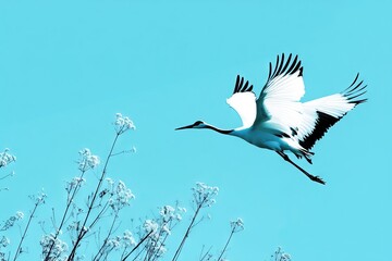 Japanese Crane birds flying in the style of large-scale minimalistic silhouette with white Nymphaea on a blue sky background. AI generated illustration.