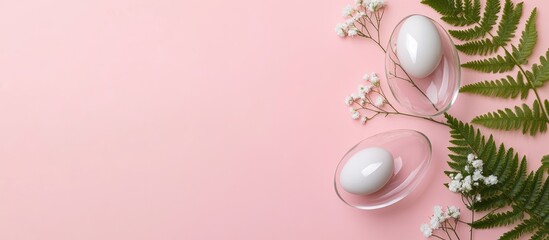 Easter minimal arrangement featuring transparent glass eggs containing white flowers a green fern leaf on a pink background Eco friendly decor idea Copy space Festive flat lay greeting card