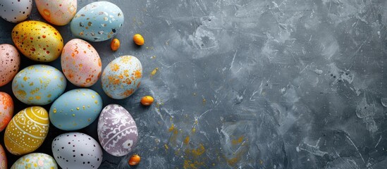 Colorfully decorated Easter eggs on a grey background Top view Copy space