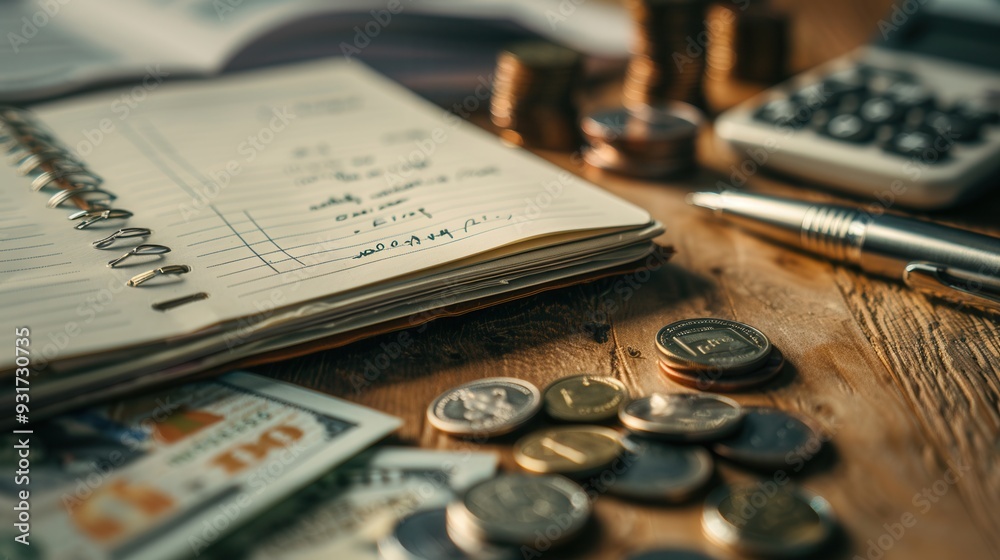 Fototapete A stack of cash and coins sits beside an open notebook filled with handwritten notes and calculations, alongside a calculator and a pen. Generative AI