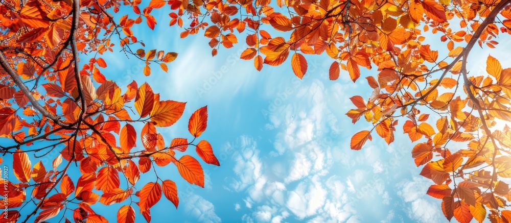 Poster A natural frame composed of branches with autumn colored leaves Trees displaying autumn hues against a blue sky backdrop. with copy space image. Place for adding text or design