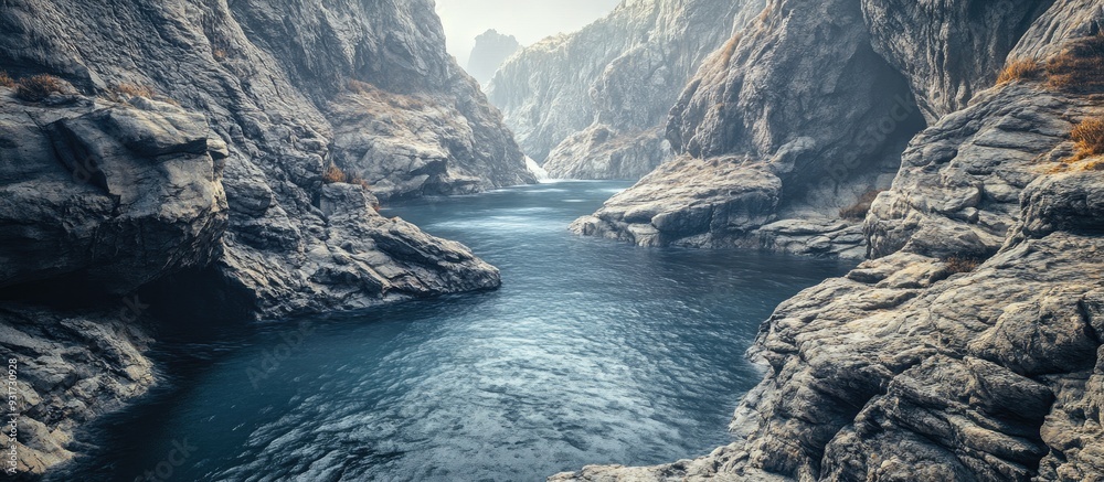 Poster River winding through a canyon encircled by a rocky terrain Horizontal shot. with copy space image. Place for adding text or design