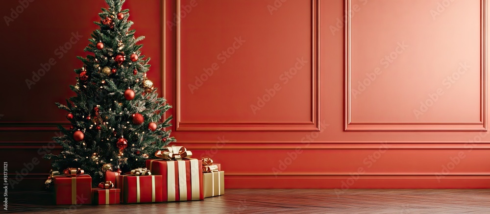 Poster Christmas tree with a gift wrapping backdrop. with copy space image. Place for adding text or design