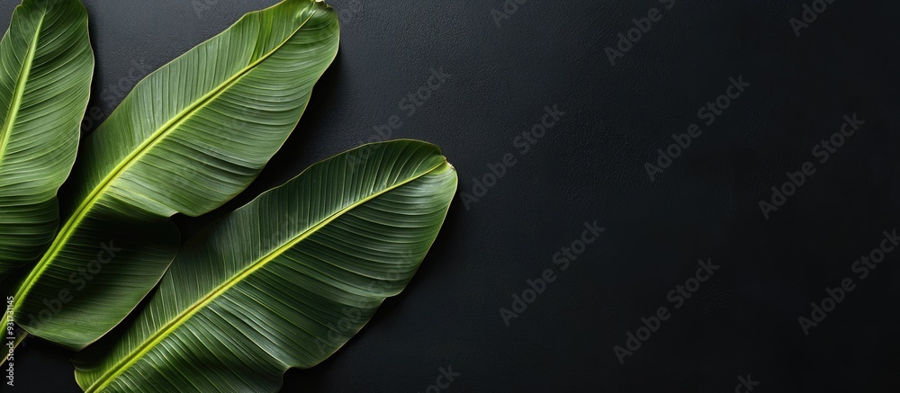 Aufkleber banana leaf for serving food banana leaf set against a black background top view with copy space for