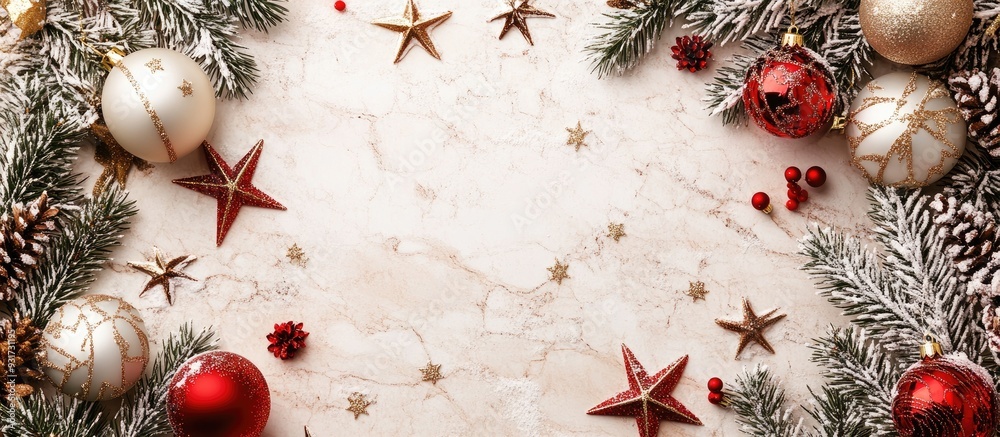 Poster modern christmas card featuring stars and ornaments on a light background top view with copy space