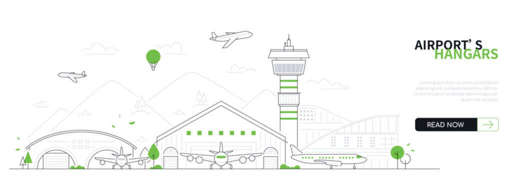 Airport hangars - modern thin line design style vector banner on white urban background. Composition with garages for air transport outside the city limits. Runway, mountains, departure idea