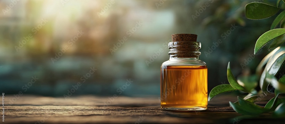 Poster Tea tree essential oil in a small bottle Focused on the details Nature. with copy space image. Place for adding text or design