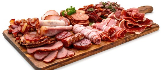 Variety of meat snacks arranged on a wooden cutting board Sausage ham bacon and smoked meats Stock photo featuring meat products with copyspace available