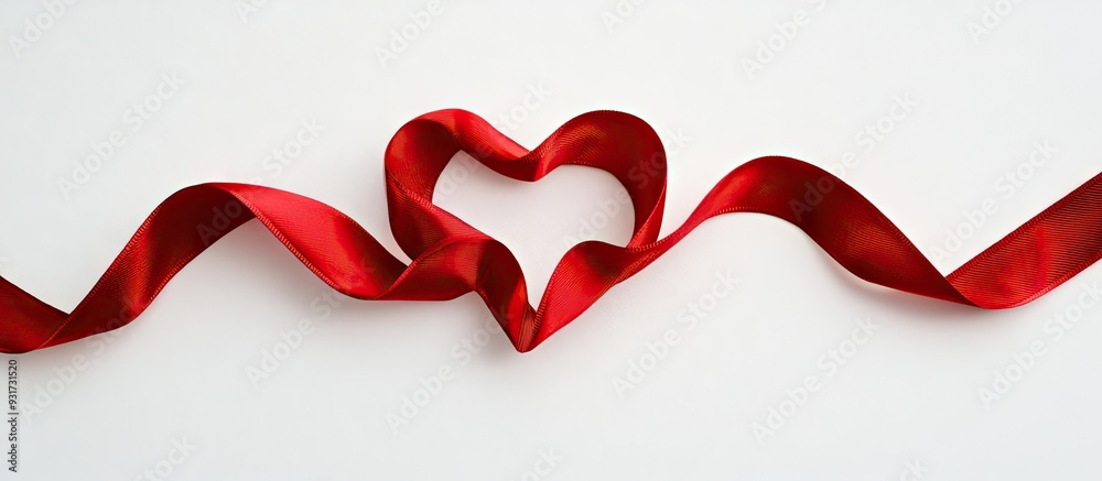 Aufkleber Red satin ribbon in the shape of a heart on a white background with copy space Macro shot with shallow depth of field