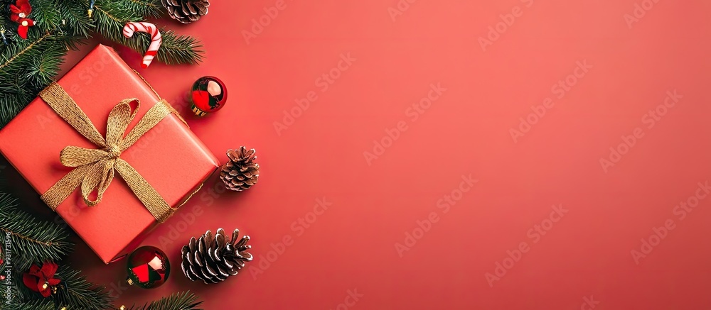 Poster top view flat lay of christmas decorations and a gift box on a colored background with copyspace a c