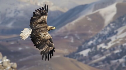 Eagle soaring over a mountain range its sharp eyes scanning the landscape below