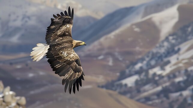 Eagle soaring over a mountain range its sharp eyes scanning the landscape below