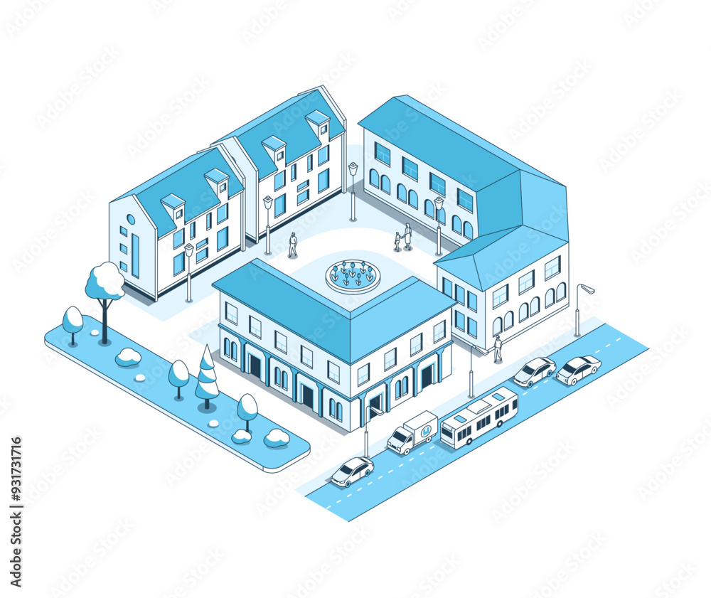 Wall mural Street with townhouses - vector isometric illustration. Residential buildings and protected courtyard, people walk along the alley around the perimeter. Flowerbed, roadway, city traffic, cars and bus