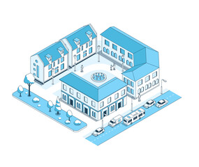Street with townhouses - vector isometric illustration. Residential buildings and protected courtyard, people walk along the alley around the perimeter. Flowerbed, roadway, city traffic, cars and bus