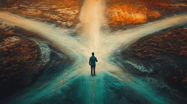 A man stands at a fork in the road, facing away from the camera.