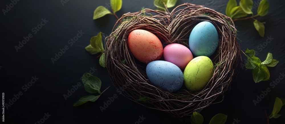 Poster Easter eggs in a heart shaped nest on a black background. with copy space image. Place for adding text or design