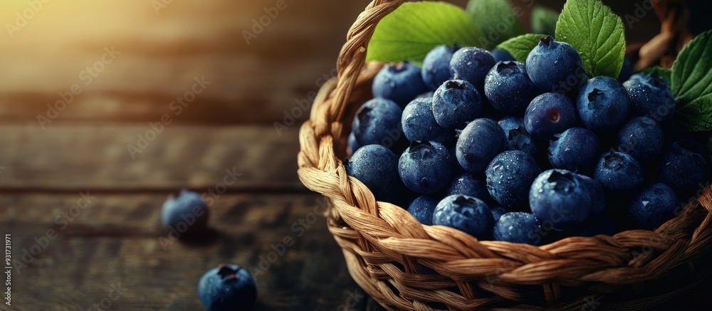 Leinwandbilder blueberries in a basket close up on a wooden surface. with copy space image. place for adding text o