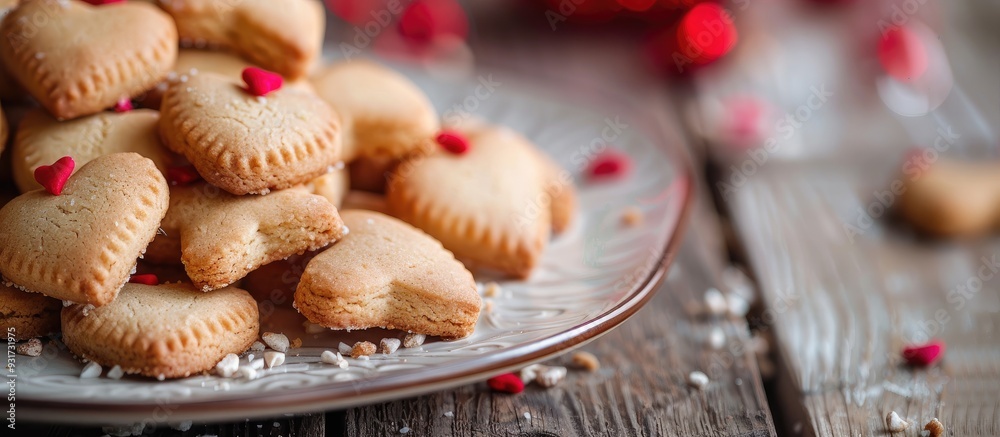 Poster Homemade heart shaped cookies on a white table Valentine s Day greeting card Love theme Top view. with copy space image. Place for adding text or design
