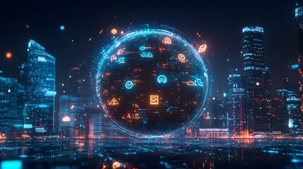 Fototapeta premium Futuristic Cityscape Illuminated by Neon Lights in the Night
