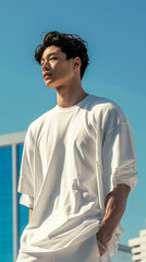 A handsome japanese muscular male model wearing white thick oversize scuba tshirt with no wrinkle