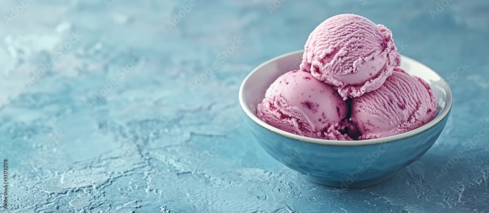 Aufkleber Blueberry ice cream in a bowl on a blue stone surface. with copy space image. Place for adding text or design