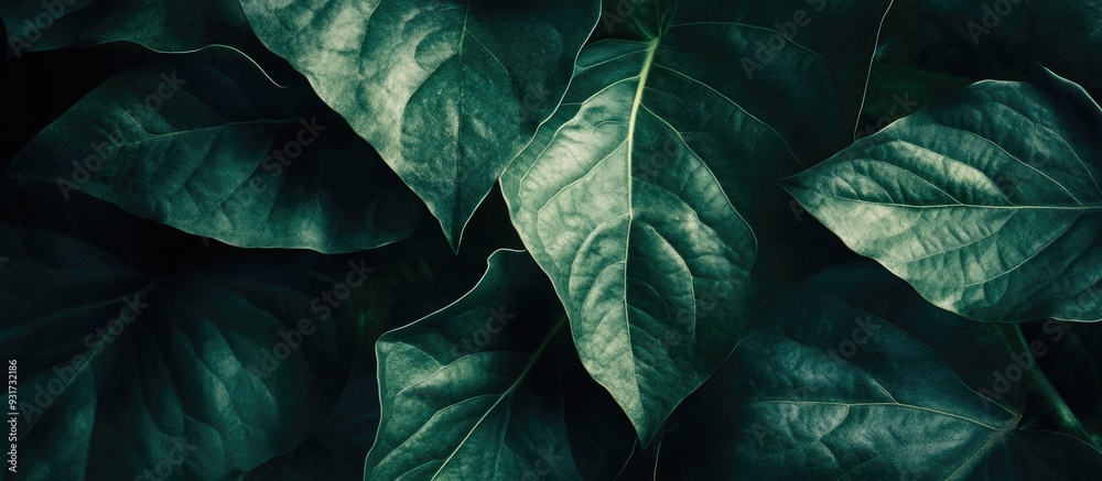 Wall mural close up view of a dark green leaf in sunlight with natural dark green plants used as a background c