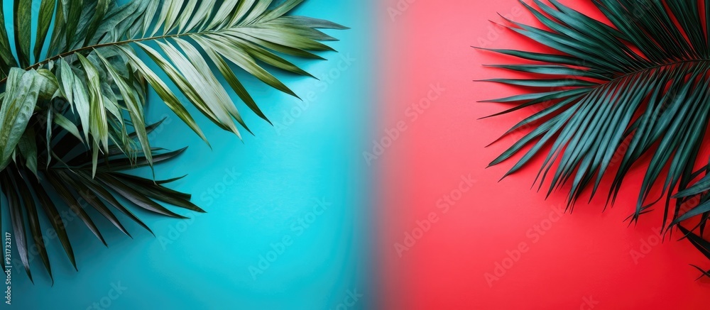 Aufkleber palm leaves are arranged on a blue and red background this is a minimal flat lay composition featuri