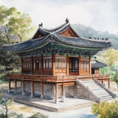 Fototapeta premium Traditional Korean Pavilion with Watercolor Style