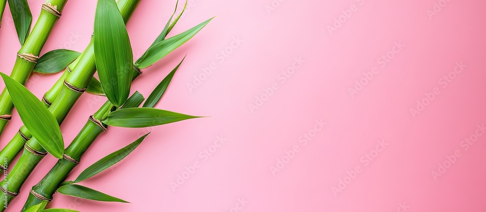 Poster Bamboo shoot Bamboo stem and leaves on a pink background viewed from above with copy space