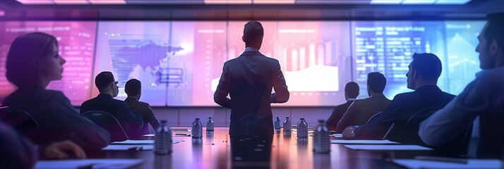 A speaker presents financial strategies in a contemporary conference room while attendees listen attentively and view visual data on large screens. Generative AI