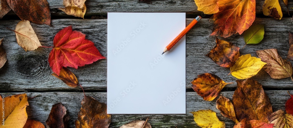 Poster blank paper with a pencil surrounded by vibrant autumn leaves on a weathered wooden surface. with co