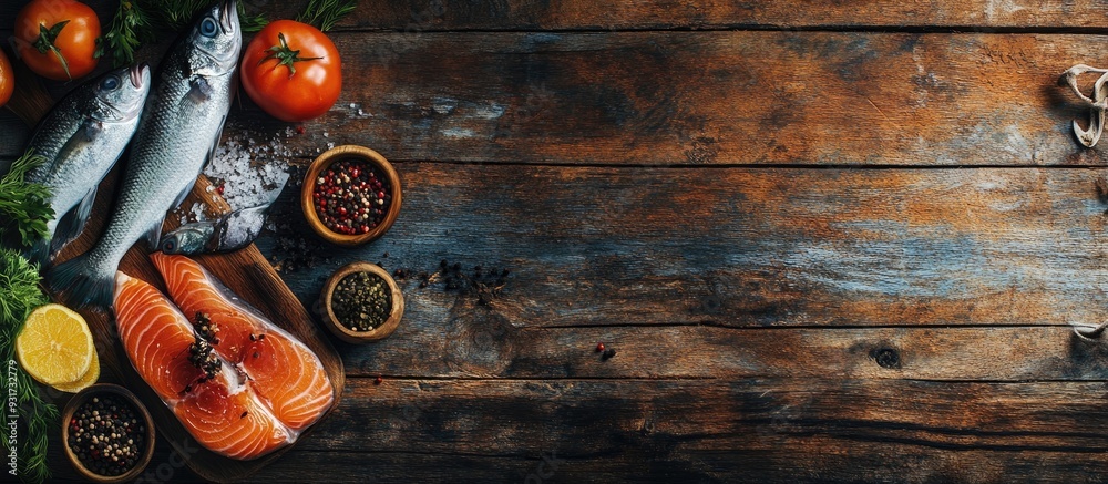 Aufkleber fresh fish and seafood accompanied by herbs spices and vegetables on a rustic wooden backdrop concep