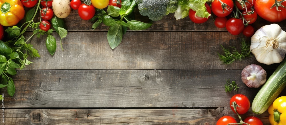 Aufkleber fresh vegetables and cooking ingredients arranged around a vintage cutting board on a rustic backgro
