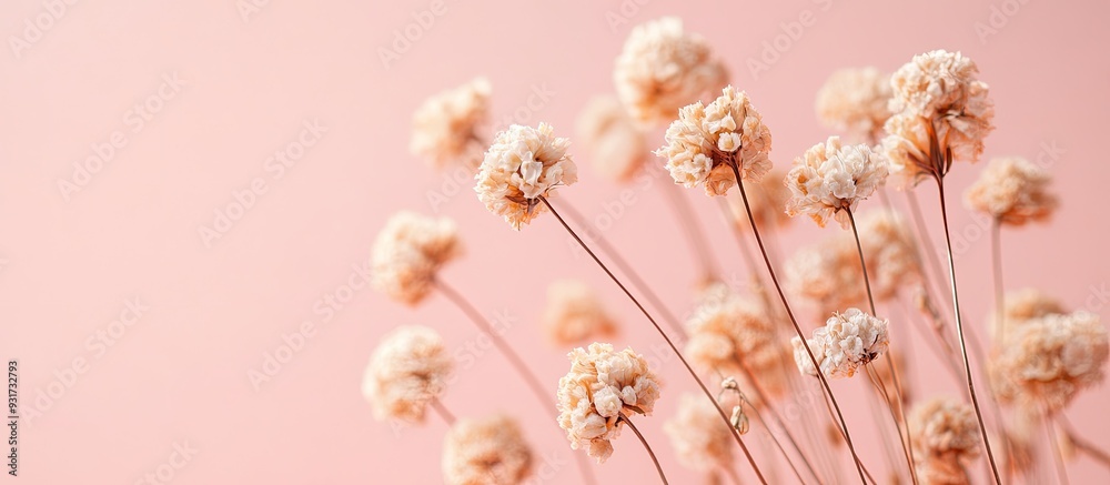 Poster dried flowers on a pink backdrop. with copy space image. Place for adding text or design