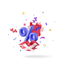 3D opened gift box with percentage symbol and confetti inside. Render gift package with percent icon. Sale, discount or clearance concept. Online or retail shopping symbol.. Vector illustration