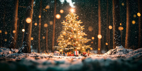 Naklejka premium Large Christmas tree lit up with fairy lights and wrapped gifts at the base in a pine forest covered in snow