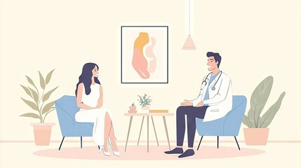 Young woman in a white dress sitting on a blue chair talking to a doctor in a medical coat, flat vector illustration of interior design with decoration elements. AI generated illustration
