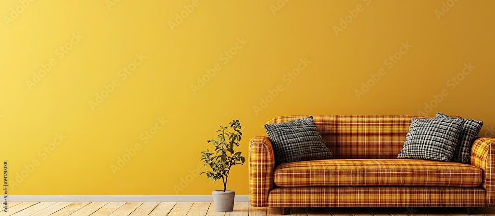 Poster Stylish sofa with a plaid pattern next to a yellow wall in the living room. with copy space image. Place for adding text or design
