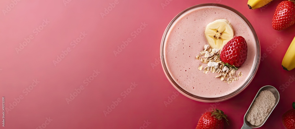 Poster strawberry and banana smoothie a protein beverage in a glass measuring scoop filled with whey protei