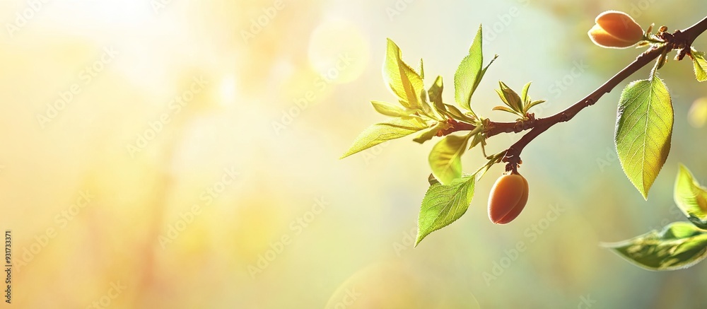 Poster apricot branch featuring the first delicate leaves of spring in sunny weather copyspace