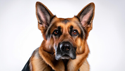An isolated image of an alert German Shepherd on a white background, with its ears perked and a focused expression, ideal for security-themed content or canine-related projects.