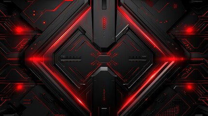 Abstract black and red geometric background with glowing lines and digital elements.