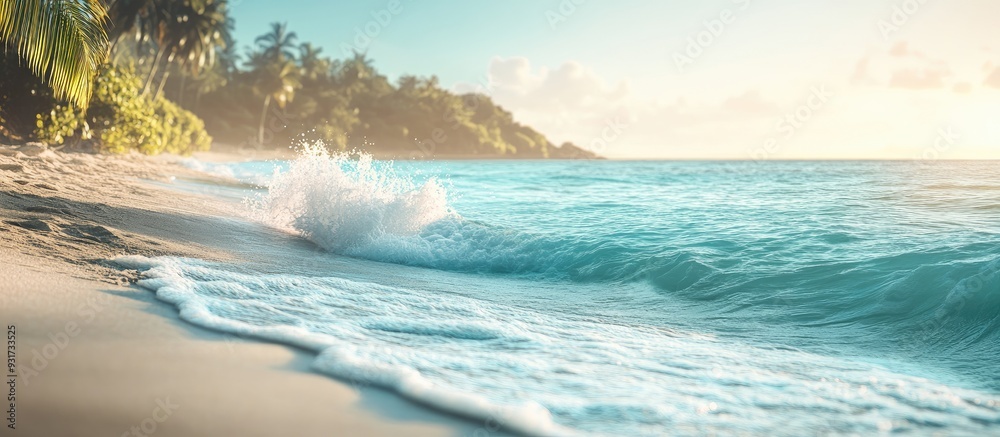 Poster Gentle ocean waves on a tropical sandy beach during summer background. with copy space image. Place for adding text or design